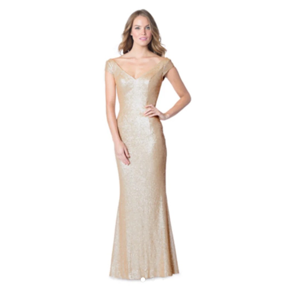 Bari Jay 1617 Gold Sequin Fit Flare Bridesmaid Formal Dress V-Neck Cap Sleeve 14